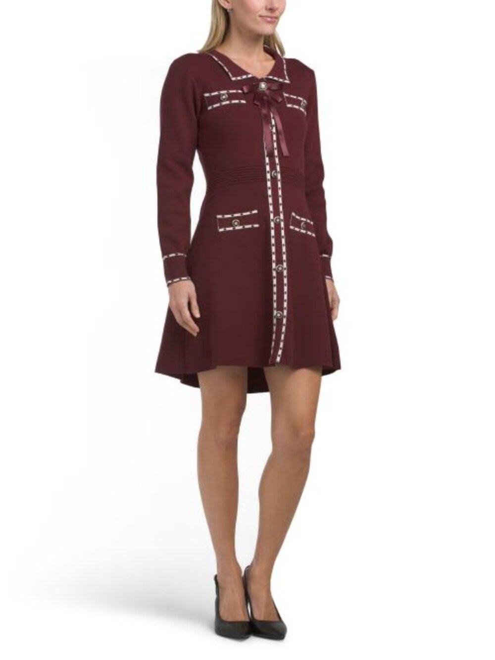 DALIA MACPHEE Long Sleeve Contrast Trim Sweater Mini Dress With Bow